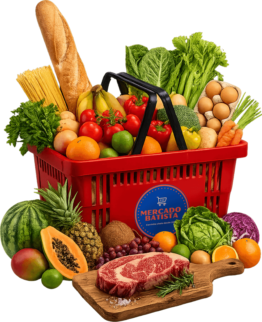 Cesta de compras do Mercado Batista transbordando de pão, macarrão, frutas, verduras, ovos e óleo, com uma peça de carne sobre tábua de madeira à frente